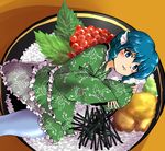  blue_eyes blue_hair food frilled_kimono frills head_fins japanese_clothes kimono mermaid monster_girl rice solo toluda touhou wakasagihime wide_sleeves 