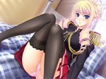  1girl bertille_althusser black_legwear blonde_hair blue_eyes blush braid drill_hair game_cg indoors komori_kei lace lace-trimmed_thighhighs long_hair panties school_uniform sitting skirt solo thighhighs twin_drills underwear upskirt walkure_romanze walkure_romanze_more_&amp;_more 