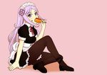  aila_jyrkiainen alternate_costume apron black_legwear corndog eating enmaided food gundam gundam_build_fighters ketchup long_hair maid maid_apron maid_headdress pantyhose pink_hair sakaki_imasato sitting 