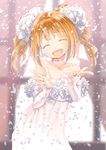 bare_shoulders bridal_gauntlets brown_hair closed_eyes dress flower gown hair_ornament idolmaster idolmaster_(classic) long_hair open_mouth petals smile solo strapless strapless_dress takatsuki_yayoi twintails yae_(mono110) 