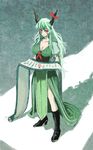  bad_id bad_pixiv_id boots breasts cleavage dress ex-keine green_dress green_hair horns hoshitetsu_ringo kamishirasawa_keine large_breasts long_dress long_hair reading red_eyes scroll shadow solo standing touhou 