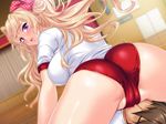  1girl ass backboob blonde_hair bloomers blush breasts buruma doi_sayaka from_behind game_cg gym_uniform hair_ribbon highres huge_breasts legs long_hair looking_back mochizuki_nozomu ole-m open_mouth pink_eyes ribbon saimin_class sitting sitting_on_face sitting_on_person sweat thighs 