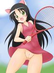  1girl animal_ears black_hair blush cat_ears character_request dress fake_animal_ears female green_eyes hazuki_kurumi kaitou_tenshi_twin_angel long_hair no_panties open_mouth pussy racket short_dress solo source_request takappe tennis tennis_racket uncensored wind_lift 