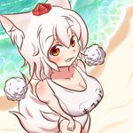  animal_ears bare_shoulders beach blush breasts cleavage collarbone hat inubashiri_momiji large_breasts looking_at_viewer lowres ocean orange_eyes sand school_swimsuit short_hair silver_hair solo swimsuit tail tochinoko tokin_hat touhou white_school_swimsuit white_swimsuit wolf_ears wolf_tail 