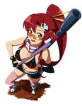  bare_arms bikini_top blur breasts cleavage elbow_gloves gloves goggles gun highres long_hair looking_at_viewer medium_breasts mr_cloud navel open_mouth ponytail red_hair shorts solo tengen_toppa_gurren_lagann thighhighs weapon white_background yellow_eyes yoko_littner 