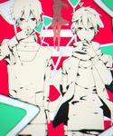  2boys back bad_id bad_pixiv_id covering_mouth crosswalk facial_mark hand_over_own_mouth head_out_of_frame headphones highres i_suka jacket kagerou_project kisaragi_shintarou konoha_(kagerou_project) looking_at_viewer multiple_boys ponytail red red_eyes road_sign scarf school_uniform serafuku short_hair sign skirt tateyama_ayano track_jacket v_arms 