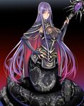  breasts capelet chain cleavage cleavage_cutout ears glowing glowing_eyes gradient gradient_background hand_on_hip lamia large_breasts long_hair monster_girl mugenshiki nail_polish original purple_eyes purple_hair red_nails smile solo sorceress staff sword_world sword_world_2.0 very_long_hair 