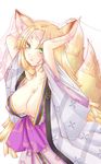  1girl animal_ears blonde_hair breasts cleavage fox_ears green_eyes highres hime_eyebrows inari japanese_clothes kimono large_breasts loose_clothes monster_girl multiple_tails omachi rance_(series) sengoku_rance tail underboob 
