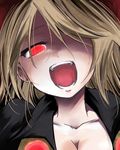  blonde_hair breasts cleavage fangs hair_over_one_eye kurodani_yamame long_hair medium_breasts open_mouth red_eyes solo touhou ugatsu_matsuki upper_body 