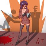  1girl black_gloves black_legwear blood breasts choker cleavage domino_mask genderswap gloves gotwin high_heels long_hair mask pencil_skirt pinstripe_pattern pinstripe_suit purple_hair red_eyes shadow shiny shiny_skin skirt standing team_fortress_2 the_spy thighhighs 