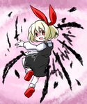  :d blonde_hair blouse darkness fang hair_ribbon kugelschreiber looking_at_viewer looking_back open_mouth red_eyes ribbon rumia short_hair skirt smile sword touhou vest weapon 