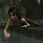  brown_eyes brown_hair cleavage clothed clothing drinking female hair human jungle lara_croft lying mammal open_mouth solo tomb_raider torn_clothing vaesark water 