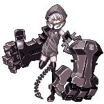  black_legwear black_rock_shooter fuuga_(knight_nights) hood hoodie lowres metal_gloves pixel_art simple_background sleeveless solo standing standing_on_one_leg strength_(black_rock_shooter) thighhighs white_background white_hair 