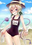  aqua_eyes bad_id bad_pixiv_id beach bespectacled blue_sky cloud collarbone day glasses hat hat_ribbon highres komeiji_koishi one-piece_swimsuit open_mouth outdoors red-framed_eyewear ribbon school_swimsuit shirako_sei silver_hair sky smile solo swimsuit third_eye touhou towel water wet 