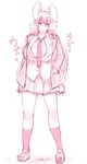  animal_ears blush breasts bunny_ears full-face_blush full_body hands_in_pockets highres huge_breasts jacket long_hair miniskirt monochrome naughty_face necktie open_clothes open_shirt pleated_skirt reisen_udongein_inaba sepia shirt shoes sketch skirt socks solo takatoo_kurosuke text_focus touhou white_background 