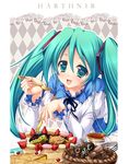  aqua_eyes aqua_hair argyle argyle_background blueberry circle_name cup eat_me fang food fork fruit hatsune_miku heart heart-shaped_pupils highres kiwifruit long_hair macaron misakura_nankotsu open_mouth pie raspberry solo strawberry symbol-shaped_pupils tea teacup twintails vocaloid 