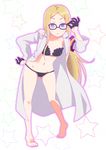  adjusting_eyewear barefoot black_bra black_gloves black_panties blonde_hair blue_eyes bra glasses gloves half_gloves hand_on_hip heavenly_win labcoat long_hair lowleg lowleg_panties natasha_(sekai_seifuku) navel panties sekai_seifuku:_bouryaku_no_zvezda solo star underwear 