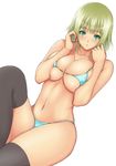  bikini blonde_hair blush breast_squeeze breasts cleavage green_eyes large_breasts looking_at_viewer muffin_(sirumeria) navel open_mouth original shiny short_hair simple_background solo string_bikini swimsuit thighhighs white_background 