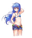  adapted_costume alternate_costume bare_shoulders bikini bikini_top blue_hair blush cowboy_shot cropped_legs flat_chest hand_behind_head hinanawi_tenshi long_hair looking_at_viewer navel nibi open_fly red_eyes short_shorts shorts simple_background solo swimsuit touhou unzipped white_background 