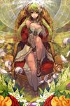  absurdres bare_shoulders breasts brown_eyes chair divine_girls elf fairy_wings flower green_hair hair_flower hair_ornament highres knee_up large_breasts legs long_hair looking_at_viewer pointy_ears qbspdl shiny shiny_skin sitting smile solo toes wings 