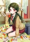  bad_id bad_pixiv_id bag black_hair black_legwear charm_(object) full_body long_hair looking_at_viewer necktie ofuda plaid plaid_skirt red_eyes school_bag sitting skirt smile solo tokyo_7th_sisters yukuhashi_ei yuuki_rika 