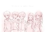  3boys dress english hiradaira_chisaki isaki_kaname kihara_tsumugu long_hair miyama_rikka monochrome mukaido_manaka multiple_boys multiple_girls nagi_no_asukara sailor_collar sailor_dress sakishima_hikari school_uniform serafuku short_hair 