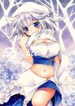  blue_eyes blush bow breasts funnyfunny hat hat_bow large_breasts letty_whiterock navel sample scarf snowflakes solo touhou white_hair white_scarf 