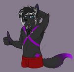  armpit_hair black_fur blue_eyes canine chest_tuft dog fluffy fur hair husky lexii looking_at_viewer male mammal markings nipples nox paw-pads pawpads piercing pit_hair plain_background pose purple_fur rottweiler smirk solo teenager thumbs-up thumbs_up tuft underwear white_hair 