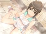  1girl bathroom black_eyes black_hair blush breasts fault!! feet game_cg highres large_breasts legs long_hair looking_at_viewer open_mouth ponytail shoes shower sitting skirt sneakers solo steam tanaka_takayuki thighs water wet wet_clothes 
