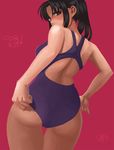  adjusting_clothes adjusting_swimsuit ass black_hair brown_eyes chigusa_nana competition_swimsuit daniele_(callaghan-cs) highres long_hair nail_polish nana_to_kaoru one-piece_swimsuit pinky_out ponytail red_background solo swimsuit thigh_gap 