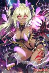 1girl :d armored_boots bangs black_footwear blonde_hair boots breasts claws cleavage copyright_name dark_skin fangs floating_hair fur_collar fur_trim glowing glowing_eyes hair_between_eyes hand_up highres hisenkaede holding holding_weapon horns leg_up light_particles long_hair looking_at_viewer magic medium_breasts official_art open_mouth polearm red_eyes revealing_clothes sidelocks smile solo tail tattoo thigh_boots thighhighs twintails v-shaped_eyebrows venus_blade watermark weapon wings 