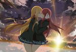  backlighting bad_id bad_pixiv_id blazer blonde_hair bow closed_eyes cloud flower glasses hair_flower hair_ornament hair_ribbon highres hug jacket kiss long_hair multiple_girls plaid plaid_skirt red_hair ribbon sakura_trick school_uniform senya_fuurin skirt sonoda_mitsuki sun sunset takayama_haruka yuri 