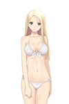  1girl bare_shoulders bikini blonde_hair blush breasts date_wingfield_reiko fault!! game_cg green_eyes large_breasts legs long_hair looking_at_viewer navel simple_background smile solo standing swimsuit tanaka_takayuki thighs white_background 