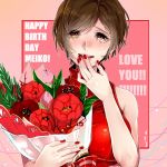  1girl bangs bare_shoulders bouquet breasts brown_eyes brown_hair commentary_request crying crying_with_eyes_open flower happy_birthday itoko_(i_t_k) large_breasts looking_at_viewer meiko nail_polish pink_background red_nails red_shirt shirt short_hair sleeveless swept_bangs tears vocaloid 