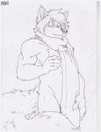  absurd_res anthro biceps black_nose blush bulge canine chest_tuft claws clothing drawn fox fur hair hi_res looking_at_viewer male mammal monochrome muscles plain_background pointy_ears scarf smile solo standing topless traditional_media tuft unknown_artist 
