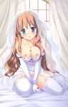  absurdres blue_eyes breasts bridal_veil brown_hair cleavage curtains dress dress_pull elbow_gloves garter_straps gloves highres jewelry lace lace-trimmed_thighhighs large_breasts melty_moment necklace nipples orie_yuuka panties rakko_(makarakko) see-through sitting thighhighs underwear veil wariza wedding_dress white_legwear white_panties window 