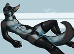  abstract_background anthro black_fur black_hair black_nose blue_eyes bulge canine digitigrade dog elbow_gloves fur german_shepherd gloves hair leggings legwear looking_at_viewer lying male mammal partially_clothed pinup pose rokemi rubber stockings thigh_highs topless 