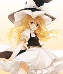  apron black_hat black_skirt blonde_hair bow braid frilled_hat frilled_skirt frills hair_bow hat hat_bow highres kirisame_marisa long_hair looking_at_viewer puffy_sleeves q-chiang ribbon side_braid skirt smile solo touhou white_bow witch witch_hat yellow_eyes 