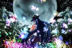  aono_meri bad_id bad_pixiv_id blue_hair bug butterfly dress flower food from_behind fruit full_moon hand_on_hilt hat hinanawi_tenshi insect leaf long_hair looking_back moon night peach red_eyes short_sleeves sky solo star_(sky) starry_sky sword touhou tree very_long_hair weapon 