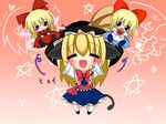  =_= alice_margatroid alice_margatroid_(cosplay) animal_ears arms_up blonde_hair blue_eyes blush bow buri_hamachi cat_ears cat_tail chibi closed_eyes cosplay hair_bow hat heart helmet hourai_doll kirisame_marisa long_hair meme multiple_girls open_mouth orange_background patchouli_knowledge ribbon ritateo shanghai_doll smile star tail touhou winged_helmet 