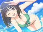  1girl bare_shoulders bikini black_hair blush breasts brown_eyes cloud clouds fault!! game_cg happy highres large_breasts legs looking_at_viewer ocean open_mouth salute short_hair sky smile swimsuit tanaka_takayuki thighs water wink 