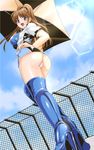  ass blue_eyes boots brown_hair chain-link_fence cloud day fence high_heel_boots high_heels highres kusunoki_rin panties ponytail race_queen sky thigh_boots thighhighs umbrella underwear 