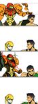  1girl anger_vein black_hair blonde_hair blue_eyes blush clenched_hand comic commentary_request height_difference highres jitome little_mac looking_at_another metroid metroid:_other_m motoji_(hamayarawa) ponytail punch-out!! samus_aran shining silent_comic super_smash_bros. trembling trolling zero_suit 