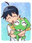  ahoge blue_hair blush_stickers closed_eyes frog hakkatou hat hinata_fuyuki keroro keroro_gunsou male_focus multiple_boys shirt 