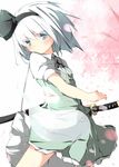  bad_id bad_pixiv_id blue_eyes bob_cut cherry_blossoms hair_ribbon highres hitodama katana konpaku_youmu konpaku_youmu_(ghost) petals ribbon sheath sheathed silver_hair solo sword tabuchi_(tabuchisanchi) touhou weapon 