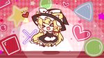  &gt;_&lt; animal_ears argyle argyle_background blonde_hair blush cat_ears cat_tail chibi circle closed_eyes fang hat heart jumping kirisame_marisa long_hair open_mouth ribbon ritateo smile spotlight square stage star tail touhou 