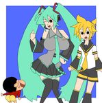  2boys :o aqua_hair bare_shoulders black_legwear blonde_hair breasts crayon_shin-chan crossover detached_sleeves hair_ornament hatsune_miku headset kagamine_len kloah large_breasts long_hair miniskirt multiple_boys necktie nohara_shinnosuke one_eye_closed parody pleated_skirt short_hair shorts skirt smile thighhighs twintails very_long_hair vocaloid zettai_ryouiki 