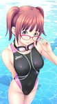 adjusting_eyewear asics breasts competition_swimsuit copyright_request covered_navel covered_nipples frown glasses goggles kuri_(kurigohan) medium_breasts navel one-piece_swimsuit pool poolside purple_eyes red-framed_eyewear red_hair shiny shiny_clothes short_hair short_twintails skin_tight solo swimsuit twintails water 
