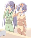  blue_eyes blush hiiragi_kagami hiiragi_tsukasa long_hair lucky_star multiple_girls pajamas purple_hair shigen short_hair toothbrush 