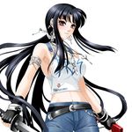  armpits artist_request black_hair brown_eyes collar copyright_request cross denim denim_shorts earrings fingerless_gloves gloves jewelry long_hair midriff necklace no_bra ponytail scabbard sheath shorts solo source_request sword very_long_hair weapon 